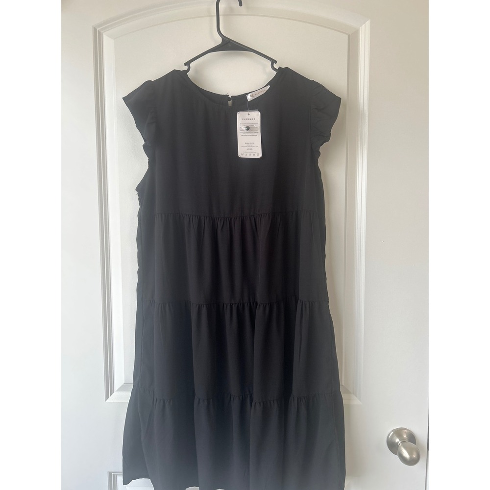 Kirundo Black Tiered Ruffle Cap Sleeve Babydoll Mini Dress Medium NWT